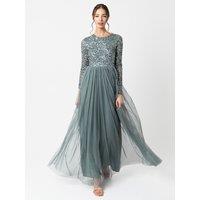 Maya Deluxe Women's Embellished Long Sleeve Maxi Dress in Teal | Size: 24
