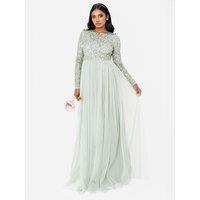 Maya Deluxe Women's Embellished Long Sleeve Maxi Dress in Mint | Size: 14