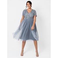 Maya Deluxe Women's Short Sleeve V Neck Embellished Midi Dress in Blue | Size: 28