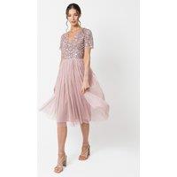 Maya Deluxe Women's Short Sleeve V Neck Embellished Midi Dress in Light Pink | Size: 26