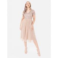 Maya Deluxe Women's Short Sleeve V Neck Embellished Midi Dress in Taupe | Size: 26