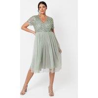 Maya Deluxe Women's Short Sleeve V Neck Embellished Midi Dress in Mint | Size: 12