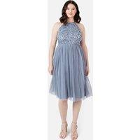Maya Deluxe Women's Embellished Halter Neck Midi Dress in Blue | Size: 16