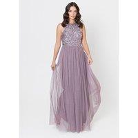 Maya Deluxe Women's Embellished Halter Neck Maxi Dress in Lilac | Size: 16