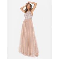 Maya Deluxe Women's Embellished Halter Neck Maxi Dress in Taupe | Size: 22