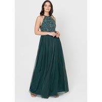 Maya Deluxe Women's Embellished Halter Neck Maxi Dress in Emerald | Size: 12