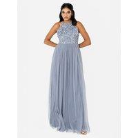 Maya Deluxe Women's Embellished Halter Neck Maxi Dress in Blue | Size: 20