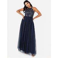 Maya Deluxe Women's Embellished Halter Neck Maxi Dress in Dark Navy | Size: 26
