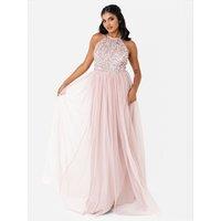 Maya Deluxe Women's Embellished Halter Neck Maxi Dress in Light Pink | Size: 14