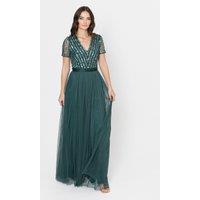 Maya Deluxe Women's Belted Stripe Embellished Maxi Dress in Emerald | Size: 26