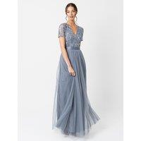 Maya Deluxe Women's Belted Stripe Embellished Maxi Dress in Blue | Size: 14