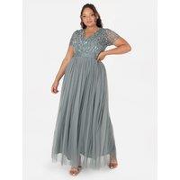 Maya Deluxe Women's Belted Stripe Embellished Maxi Dress in Teal | Size: 20