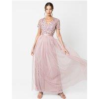 Maya Deluxe Women's Belted Stripe Embellished Maxi Dress in Light Pink | Size: 16