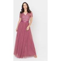Maya Deluxe Women's Belted Stripe Embellished Maxi Dress in Rose | Size: 8