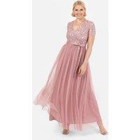 Maya Deluxe Women's Belted Stripe Embellished Maxi Dress in Dusty Pink | Size: 12