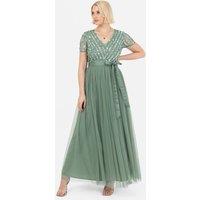 Maya Deluxe Women's Belted Stripe Embellished Maxi Dress in Dark Green | Size: 10