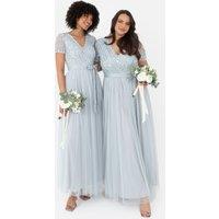 Maya Deluxe Women's Belted Stripe Embellished Maxi Dress in Pale Blue | Size: 8