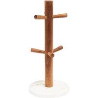 Orsina Acacia Wood & White Marble Mug Tree, Durable 6-Peg Mug Holder for Kitchen, Natural Marble Base
