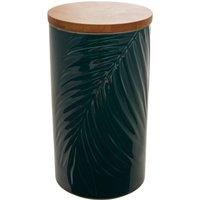 Orsina Dark Green Large Storage Jar With Bamboo Lid, Jar With Embossed Tropical Leaf Design, Spice Storage Canister