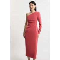 Stretch Crepe Tailored One Shoulder Ruched Waist Midi Dress