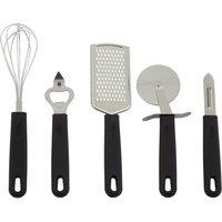 Orsina Kitchen Gadget Set, Stainless Steel Whisk, Peeler, Bottle Opener, Pizza Cutter & Grater, Cooking Utensil Set in Black