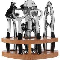 Orsina Chrome Kitchen Tool Set with Natural Wood Stand, 7-Piece Essential Gadgets For Food Prep, Unique Utensil Set in Silver