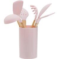 Orsina 7 Piece Pastel Pink Kitchen Utensil Set, Silicone Tools With Wooden Handles, Silicone & Wood Kitchen Gadgets