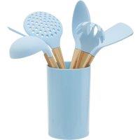 Orsina 7 Piece Pastel Pink Kitchen Utensil Set, Silicone Tools With Wooden Handles, Silicone & Wood Kitchen Gadgets in Blue