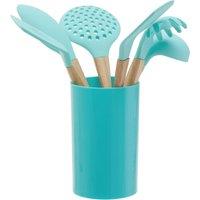 Orsina 7 Piece Pastel Pink Kitchen Utensil Set, Silicone Tools With Wooden Handles, Silicone & Wood Kitchen Gadgets in Green