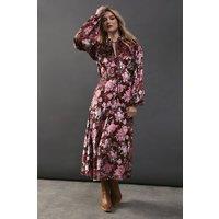 Warehouse Women's Burnout Floral Velvet Frill Shoulder Tie Front Midi Dress | Size: 8