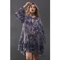 Chiffon Faded Paisley Ladder Insert Ruffle Smock Mini Dress