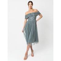 Maya Deluxe Women's Bardot Embellished Midi Dress in Teal | Size: 18