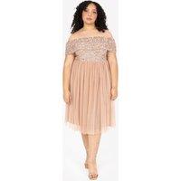 Maya Deluxe Women's Bardot Embellished Midi Dress in Taupe | Size: 6