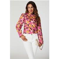 FS Collection Women's Floral Print Long Sleeve High Neck Top in Pink | Size: Small