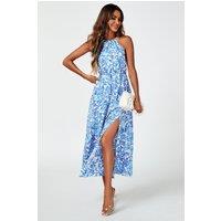 FS Collection Women's Tie Halterneck Floral Print Split Maxi Dress In Blue | Size: XL
