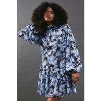 Warehouse Women's Shadow Stripe High Neck Tie Back Mini Dress in Blue | Size: 8