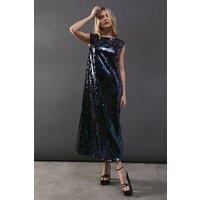 Warehouse Women's Sequin Shoulder Pad Sleeveless Midi Dress in Iridescent | Size: 10