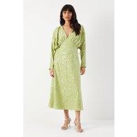 Warehouse Women's Sequin Crinkle Batwing Plunge Neck Midi Dress in Lime | Size: 10