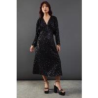 Warehouse Women's Sequin Crinkle Batwing Plunge Neck Midi Dress in Black | Size: 10