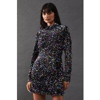 High Neck Velvet Sequin Cutout Back Mini Dress