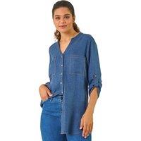 Roman Women's V-Neck Longline Button Detail Blouse in Mid Blue | Size: 12