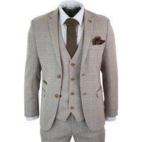 Infinity Leather Men's 3 Piece Tweed Check Vintage Retro Suit in Beige | Size: 38R