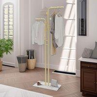 FURNOS Metal Double Coat Stand With 5 Hooks & Hanging Rail in Gold