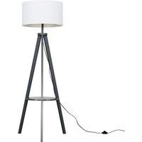 ValueLights Morrigan Grey Wood Tripod Floor Lamp with Fabric Drum Shade & Bulb in White