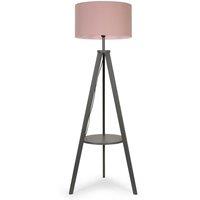 ValueLights Morrigan Grey Wood Tripod Floor Lamp with Fabric Drum Shade & Bulb in Pale Pink