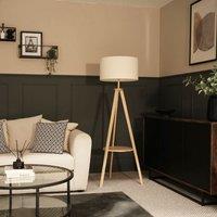ValueLights Morrigan Wooden Tripod Floor Lamp & Cream Boucle Drum Shade & Bulb in Natural