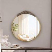 FURNOS 80CM Round Embossed Retro Wall Gold Mirror For Bedroom Living Room