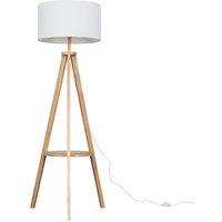 ValueLights Morrigan Natural Wood Tripod Floor Lamp & Fabric Drum Shade & Bulb in White