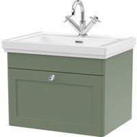 Balterley Bathroom Wall Hung 1-Drawer Vanity Unit & Fireclay Basin, Green, 600mm in Green