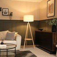 ValueLights Morrigan Natural Wood Tripod Floor Lamp with Cream Boucle Drum Shade